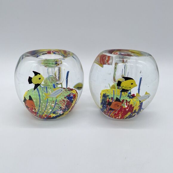 Set of 2 Vintage Murano Style Paperweights 3.5” Aquarium Candle Holders - Picture 1 of 10